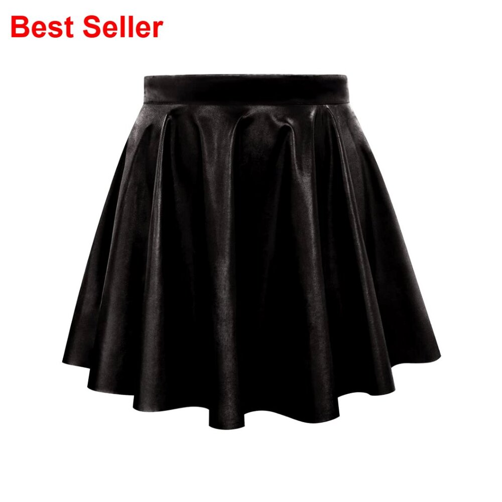 Leather A-Line Mini Skirt with Elastic Waist, Pleated Flared